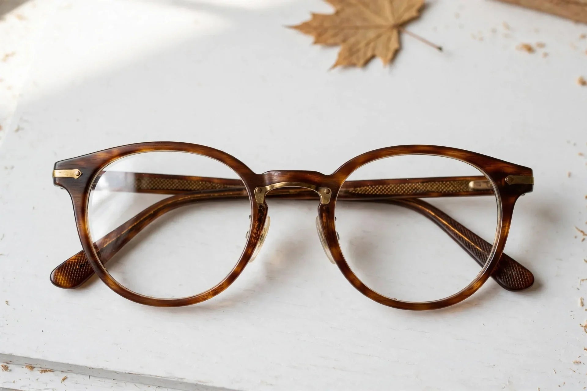 Close-up of eyeglasses on a clean workbench, soft light, subtle Canadian maple leaf accent