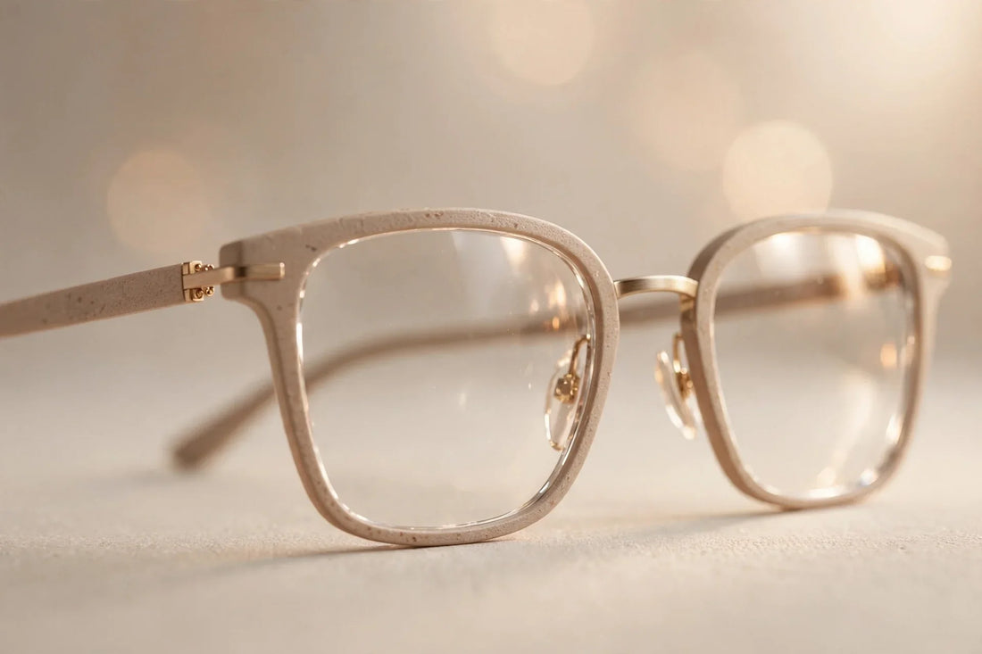 Close-up of modern eyeglasses with clear lenses resting on a soft, neutral surface, editorial style