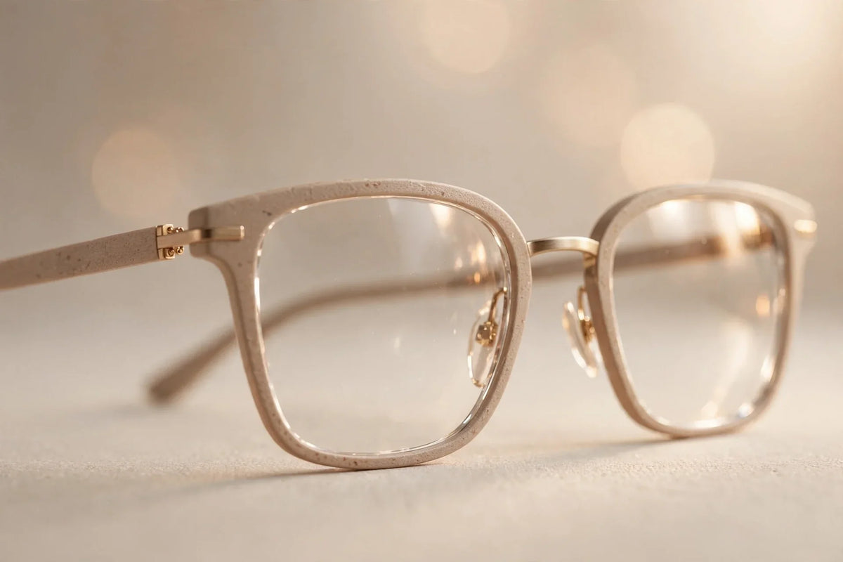 Close-up of modern eyeglasses with clear lenses resting on a soft, neutral surface, editorial style